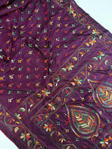 Burgundy Color Kantha Stitch Saree | Bangalori Silk Saree | Handwoven Kantha Stitch Saree | Multi Color Kantha Stitch Silk Saree