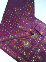 Burgundy Color Kantha Stitch Saree | Bangalori Silk Saree | Handwoven Kantha Stitch Saree | Multi Color Kantha Stitch Silk Saree