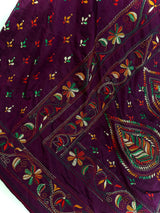 Burgundy Color Kantha Stitch Saree | Bangalori Silk Saree | Handwoven Kantha Stitch Saree | Multi Color Kantha Stitch Silk Saree