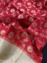 Red and Pastel Aqua Color Pure Banarasi Tussar Silk Saree with Copper and Muted Gold Zari Weave Jaal Meenakari Saree | Silk Mark Certified