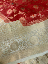 Red and Pastel Aqua Color Pure Banarasi Tussar Silk Saree with Copper and Muted Gold Zari Weave Jaal Meenakari Saree | Silk Mark Certified