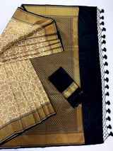 Off White with Black Traditional Banarasi Silk Handloom Saree with Muted Gold Antique Zari Weave | Floral Jaal Weaved