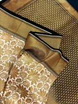 Off White with Black Traditional Banarasi Silk Handloom Saree with Muted Gold Antique Zari Weave | Floral Jaal Weaved