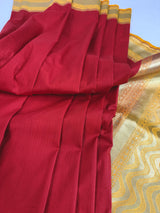 Red and Yellow Color Banarasi Tussar Silk Saree with Plain Body, Banarasi Borders and Gold Zari Weave