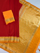 Red and Yellow Color Banarasi Tussar Silk Saree with Plain Body, Banarasi Borders and Gold Zari Weave