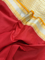 Red and Yellow Color Banarasi Tussar Silk Saree with Plain Body, Banarasi Borders and Gold Zari Weave