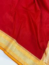 Red and Yellow Color Banarasi Tussar Silk Saree with Plain Body, Banarasi Borders and Gold Zari Weave
