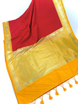 Red and Yellow Color Banarasi Tussar Silk Saree with Plain Body, Banarasi Borders and Gold Zari Weave