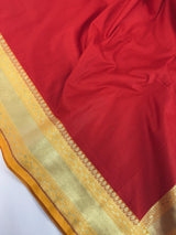Red and Yellow Color Banarasi Tussar Silk Saree with Plain Body, Banarasi Borders and Gold Zari Weave