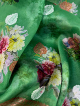 Green Pure Banarasi Kora Organza Handmade Saree with Antique and Sliver Zari | Light Weight Saree | Silk Mark Certified