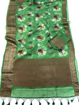 Green Pure Banarasi Kora Organza Handmade Saree with Antique and Sliver Zari | Light Weight Saree | Silk Mark Certified