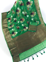 Green Pure Banarasi Kora Organza Handmade Saree with Antique and Sliver Zari | Light Weight Saree | Silk Mark Certified