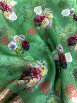 Green Pure Banarasi Kora Organza Handmade Saree with Antique and Sliver Zari | Light Weight Saree | Silk Mark Certified