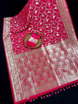 Hot Pink Color Semi Pure Mashru Silk Handloom Saree with Gold and Sliver Zari Weave | Banarasi Mashru Silk Saree