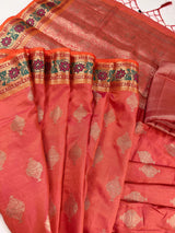 Peach Pink Dual Shade Soft Silk Saree with Paithani Style Borders | Muted Gold Zari Weave | Meenakari | Ships from California