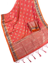 Peach Pink Dual Shade Soft Silk Saree with Paithani Style Borders | Muted Gold Zari Weave | Meenakari | Ships from California