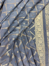 Slate Grey Color Banarasi Handloom Semi Soft Silk Saree | Antique Gold Zari Weave