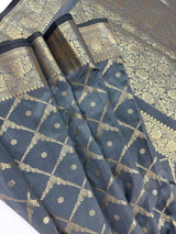 Slate Grey Color Banarasi Handloom Semi Soft Silk Saree | Antique Gold Zari Weave