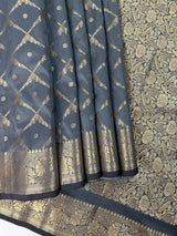 Slate Grey Color Banarasi Handloom Semi Soft Silk Saree | Antique Gold Zari Weave