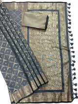 Slate Grey Color Banarasi Handloom Semi Soft Silk Saree | Antique Gold Zari Weave