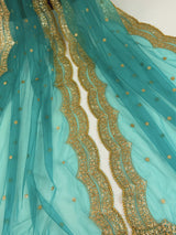 Teal Green Color Net Dupatta with Gold Zari, Sequin and Bead | Sequin Dupatta | Indian Dupatta for Lehanga | Weddding, Party Wear Dupatta