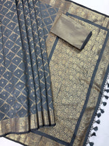 Slate Grey Color Banarasi Handloom Semi Soft Silk Saree | Antique Gold Zari Weave