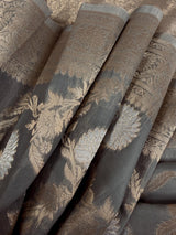 Grey Color Linen Silk Saree | Banarasi Border, Floral Jaal Weave