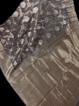 Grey Color Linen Silk Saree | Banarasi Border, Floral Jaal Weave