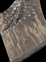 Grey Color Linen Silk Saree | Banarasi Border, Floral Jaal Weave