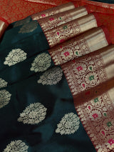 Handmade Bottle Green Color Soft Banarasi Katan Silk Saree