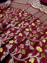 Maroon Red Color Banarasi Semi Gorgette Dupion Soft Silk with Floral Meenakari Work