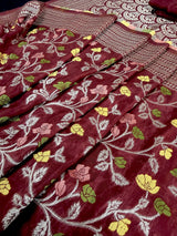 Maroon Red Color Banarasi Semi Gorgette Dupion Soft Silk with Floral Meenakari Work
