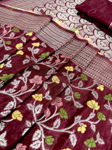 Maroon Red Color Banarasi Semi Gorgette Dupion Soft Silk with Floral Meenakari Work