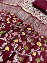 Maroon Red Color Banarasi Semi Gorgette Dupion Soft Silk with Floral Meenakari Work