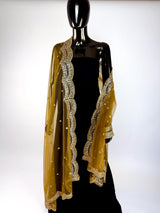 Golden Brown Color Net Dupatta with Zari, Sequin and Beads | Sequin Dupatta | Sequin Dupattas | Indian Dupatta for Lehanga