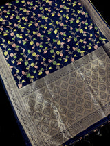 Navy Blue Color Banarasi Semi Gorgette Dupion Soft Silk with Floral Meenakari Work