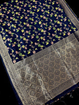 Navy Blue Color Banarasi Semi Gorgette Dupion Soft Silk with Floral Meenakari Work