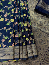 Navy Blue Color Banarasi Semi Gorgette Dupion Soft Silk with Floral Meenakari Work