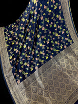 Navy Blue Color Banarasi Semi Gorgette Dupion Soft Silk with Floral Meenakari Work