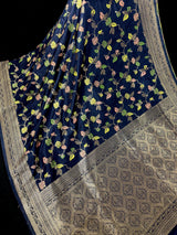 Navy Blue Color Banarasi Semi Gorgette Dupion Soft Silk with Floral Meenakari Work