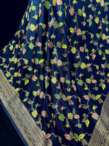 Navy Blue Color Banarasi Semi Gorgette Dupion Soft Silk with Floral Meenakari Work