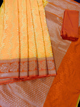 Mango Yellow and Orange Banarasi Silk Saree | Muted Gold Zari Weave