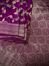 Purple Color Banarasi Semi Gorgette Dupion Soft Silk with Floral Meenakari Work