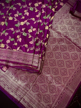 Purple Color Banarasi Semi Gorgette Dupion Soft Silk with Floral Meenakari Work