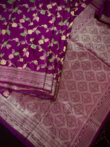 Purple Color Banarasi Semi Gorgette Dupion Soft Silk with Floral Meenakari Work