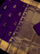 Purple Pure Kanjivaram Kanchipuram Silk Saree | Muted Gold Zari Weave | Peacock Motifs