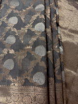 Grey Color Linen Silk Saree | Banarasi Border, Floral Jaal Weave