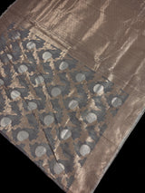 Grey Color Linen Silk Saree | Banarasi Border, Floral Jaal Weave