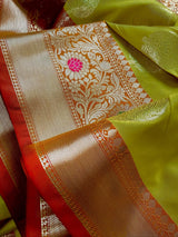 Statement Mehandi Green Banarasi Semi Katan Silk Saree | Handloom Saree | Muted Gold Zari Weaving