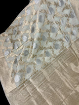 Ivory Linen Silk Saree | Banarasi Border, Floral Jaal Weave